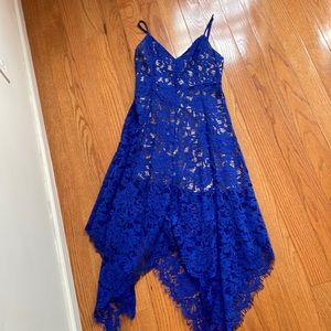Blue lace overlay Lulus spaghetti strap dress with asymmetrical hem
